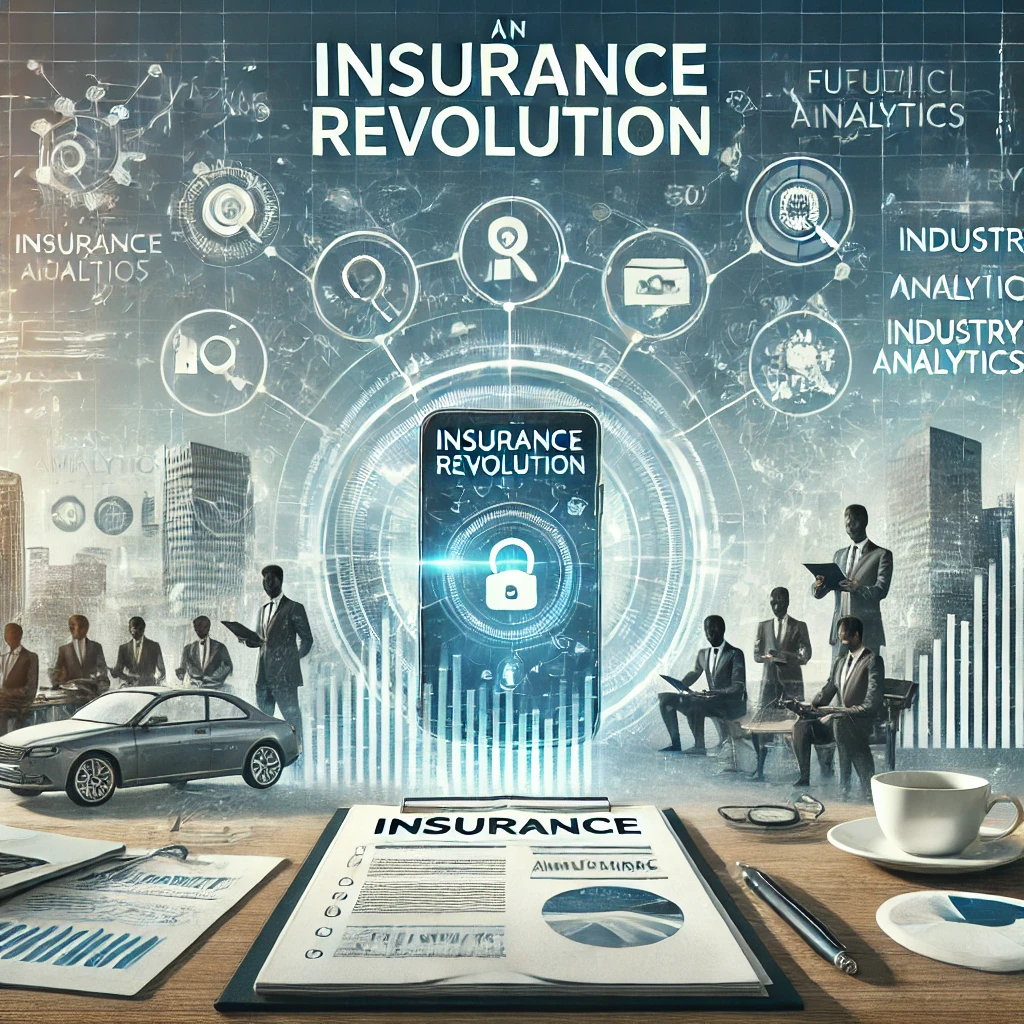 An illustrative depiction of the insurance revolution showing a juxtaposition of traditional and modern insurance elements, with a classic office on one side and digital tools on the other, all set against a city skyline