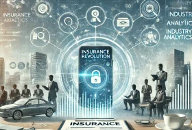 An illustrative depiction of the insurance revolution showing a juxtaposition of traditional and modern insurance elements, with a classic office on one side and digital tools on the other, all set against a city skyline
