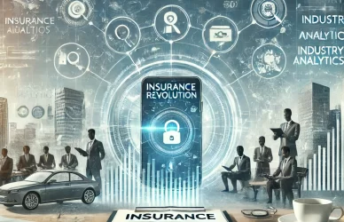 An illustrative depiction of the insurance revolution showing a juxtaposition of traditional and modern insurance elements, with a classic office on one side and digital tools on the other, all set against a city skyline