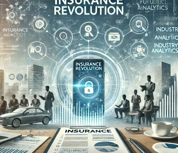 An illustrative depiction of the insurance revolution showing a juxtaposition of traditional and modern insurance elements, with a classic office on one side and digital tools on the other, all set against a city skyline